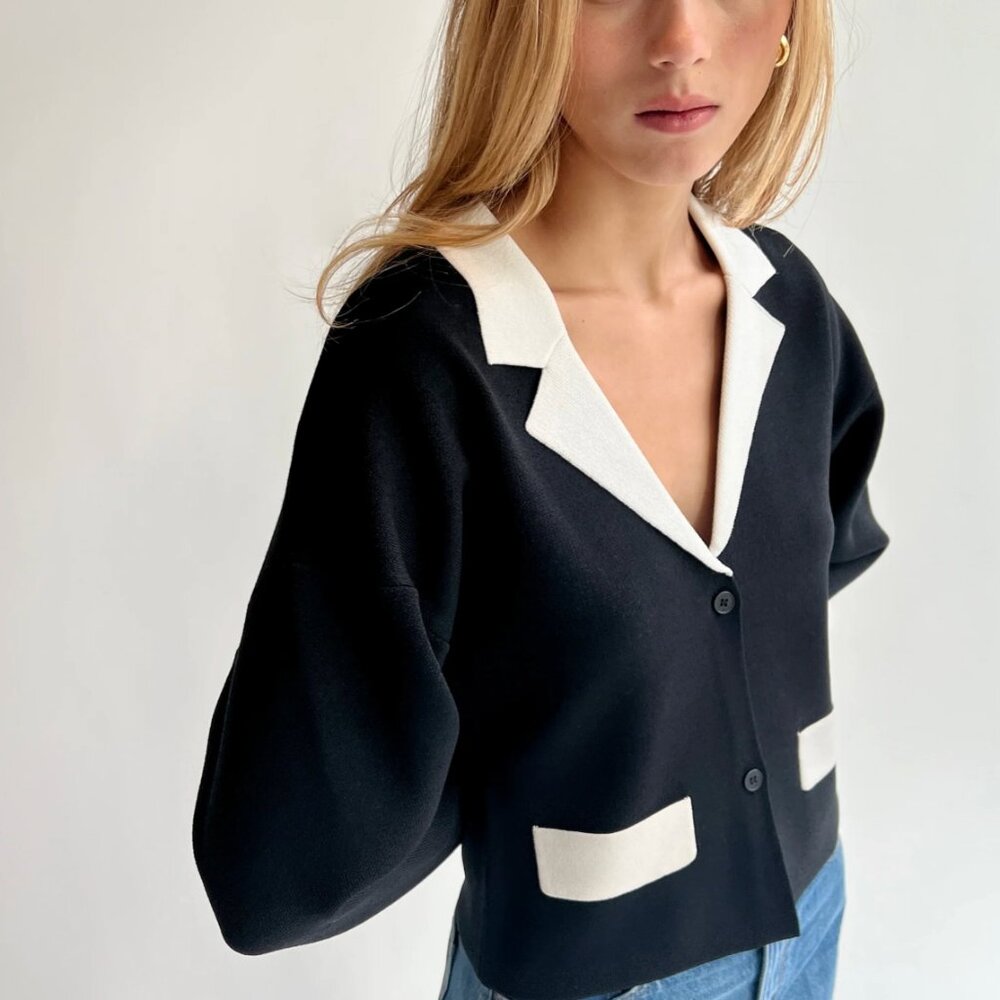 Oak + Fort Black & Cream Contrast Knit Cardigan Blazer | Size S